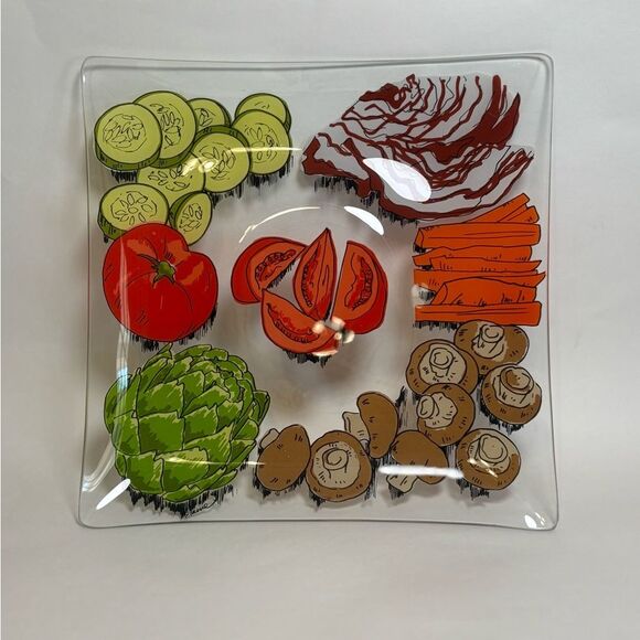 ELAINE Signed Mid Century Modern Colorful Vegetable Design Square Platter - Picture 3 of 6